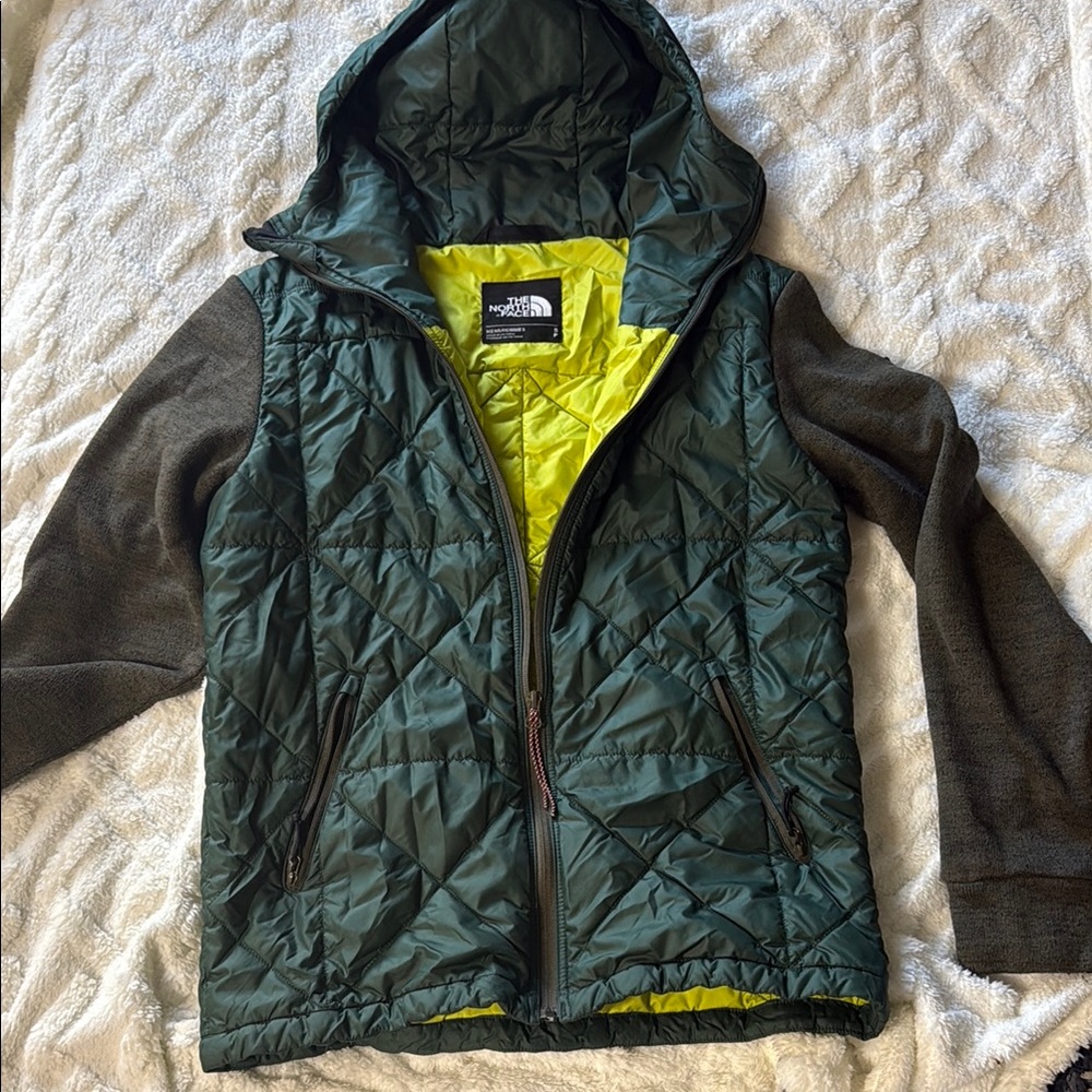 The North Face Forest Green Hooded Jacket with Yellow Lining
